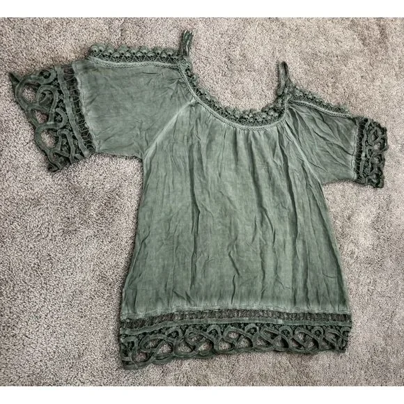Belle France Green Lace Tunic Top Woman's Sz L Whimsy Goth Fairy Knit Italy - Picture 11 of 12